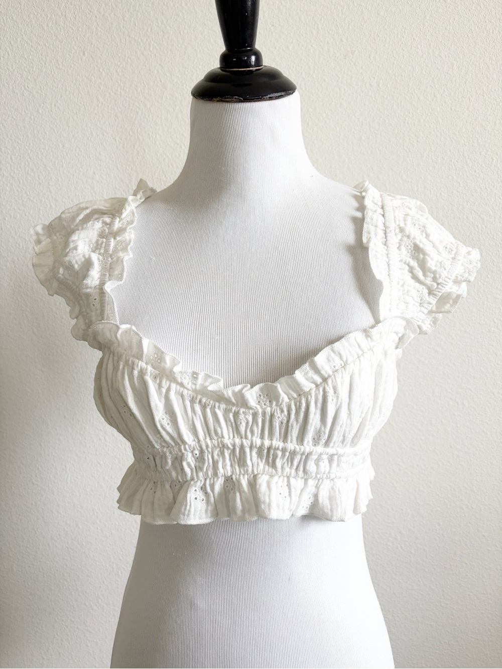 White Ruffled Crop Top - Women's Summer Blouse Eyelet